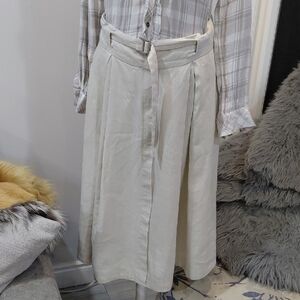 Linen Kenar Cream A-Line Midi Skirt with Self-Tie Belt